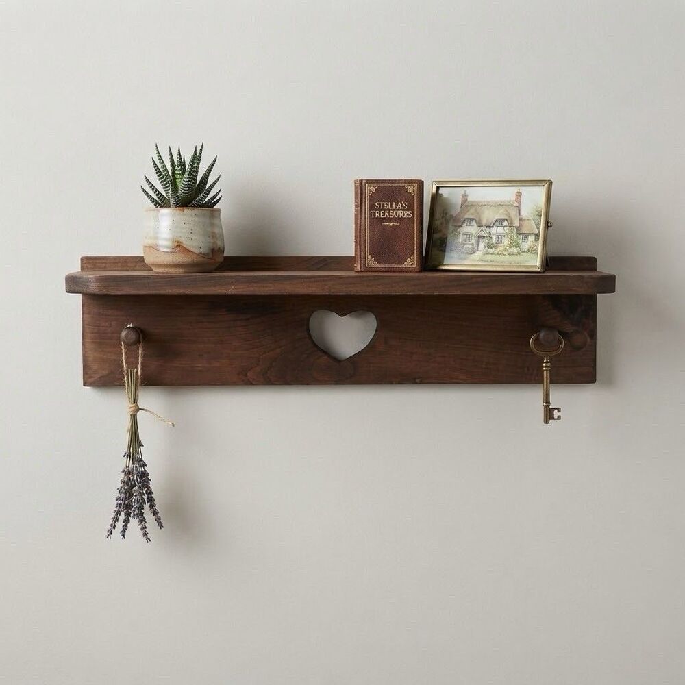 Vintage Wooden Wall Shelf Heart Cutout Pegs Country Cottage Core 23"